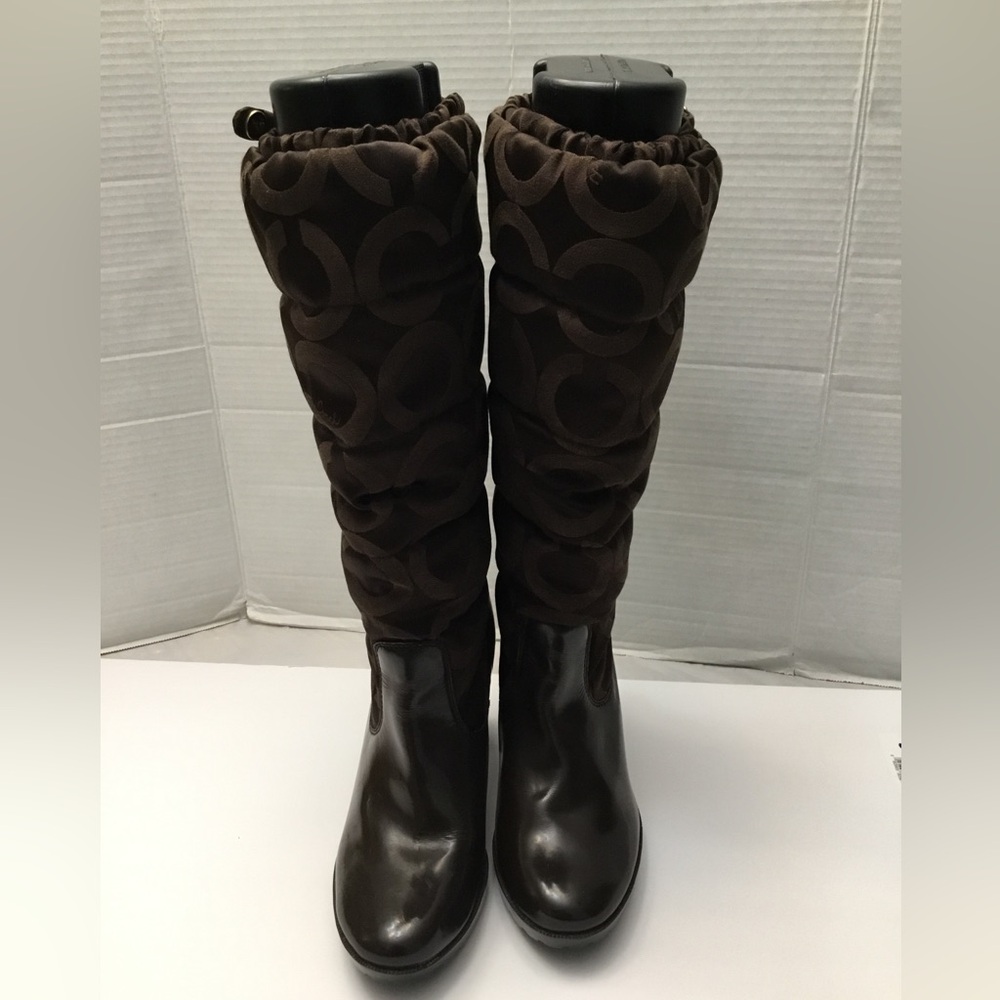 COACH Chic Brown Mid-Calf Heeled Boots with Textured Pattern